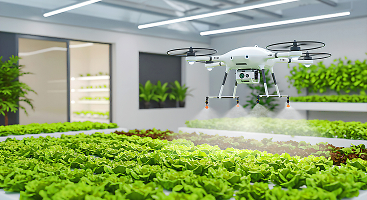 JPG 편집이미지 밭 채소 미래 전등 실내 사람없음 기계 스마트 로봇 편리함 농약치기 드론 온실 스마트팜 AI_인공지능 편집실사 AI포토 AI콘텐츠 컨셉 농업 조명 내부 농장 CG 파일형식