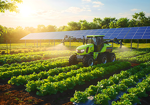JPG 나무 편집이미지 밭 채소 미래 사람없음 햇빛 기계 스마트 로봇 집열판 편리함 농약치기 스마트팜 AI_인공지능 편집실사 AI포토 AI콘텐츠 식물 컨셉 농업 태양 농장 CG 태양에너지 파일형식