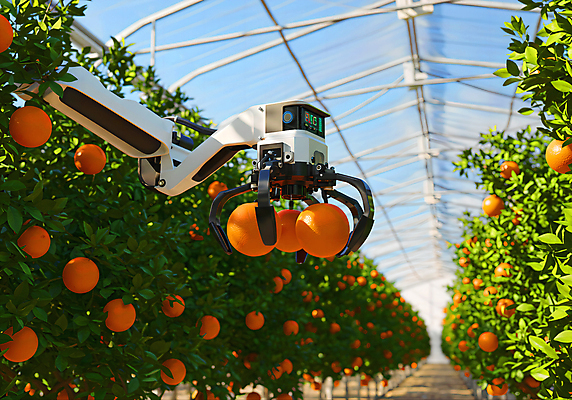 JPG 편집이미지 밭 오렌지 미래 사람없음 기계 수확 잡기 스마트 로봇 비닐하우스 편리함 오렌지나무 스마트팜 AI_인공지능 편집실사 AI포토 AI콘텐츠 나무 컨셉 농업 과일 모션 농장 CG 파일형식