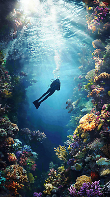 JPG 편집이미지 바다 한명 성인 빛 심해 수영 체험 산호초 오리발 스쿠버다이빙 물거품 산소호흡기 성인한명만 편집실사 AI인물포토 AI콘텐츠 1 컨셉 사람 바닷속 거품 수상스포츠 수중식물 CG 성인만 파일형식 AI포토