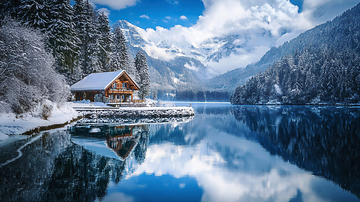 JPG 나무 구름 편집이미지 해외여행 설경 자연 주택 사람없음 강 반사 눈 오두막 겨울여행 스위스 쌓인눈 설산 편집실사 AI포토 AI콘텐츠 자연요소 식물 해외 유럽 여행 겨울 날씨 산 풍경 건물 CG 생태계 파일형식