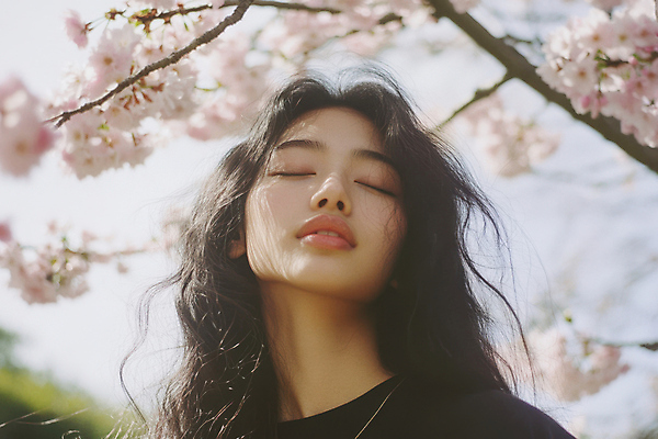 JPG 편집이미지 여자 얼굴 한명 성인 눈감음 봄 벚꽃 나뭇가지 고개들기 감성 의료성형뷰티 성인여자한명만 편집실사 AI인물포토 AI콘텐츠 나무 1 계절 꽃 컨셉 모션 사람 신체부위 CG 여자한명만 성인여자만 파일형식 AI포토