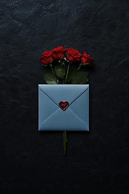 JPG 편집이미지 프로포즈 잎 편지봉투 선물 사랑 사람없음 장미 어둠 하트 편지 편집실사 AI포토 AI콘텐츠 모양 식물 꽃 감정 봉투 CG 파일형식