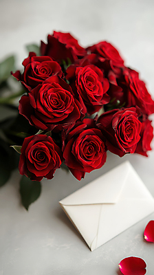 JPG 편집이미지 꽃잎 꽃다발 프로포즈 잎 편지봉투 선물 사랑 사람없음 빨간색 장미 편지 편집실사 AI포토 AI콘텐츠 식물 꽃 감정 컬러 봉투 CG 파일형식