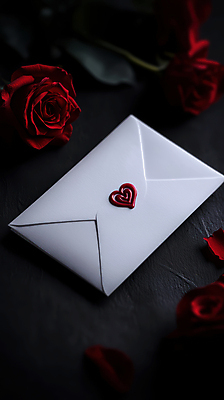 JPG 편집이미지 꽃잎 프로포즈 잎 편지봉투 선물 사랑 사람없음 빨간색 장미 어둠 하트 편지 편집실사 AI포토 AI콘텐츠 모양 식물 꽃 감정 컬러 봉투 CG 파일형식