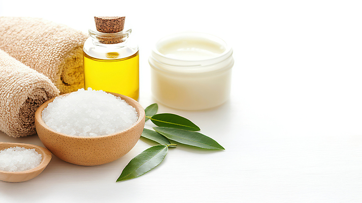 JPG 편집이미지 잎 유리병 사람없음 수건 흰색 오일 가루 크림 피부관리 코르크 나무그릇 편집실사 AI포토 AI콘텐츠 식물 그릇 음식 컬러 병_용기 목재 위생용품 뷰티 화장품 CG 파일형식