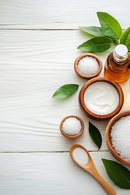 JPG 편집이미지 잎 유리병 사람없음 흰색 오일 가루 크림 피부관리 나무숟가락 나무그릇 나무탁자 편집실사 AI포토 AI콘텐츠 식물 그릇 음식 컬러 탁자 병_용기 목재 뷰티 숟가락 화장품 CG 파일형식