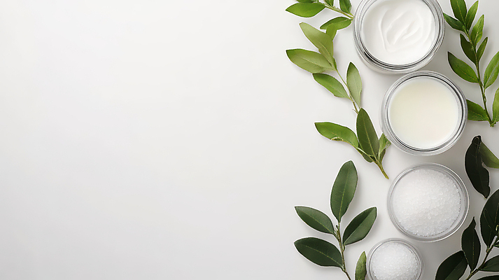 JPG 편집이미지 잎 사람없음 흰색 가루 크림 피부관리 유리그릇 편집실사 AI포토 AI콘텐츠 식물 그릇 컬러 유리 뷰티 CG 파일형식