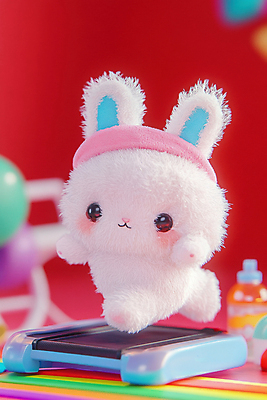 JPG 편집이미지 다이어트 새해 사람없음 달리기 헬스장 토끼 머리띠 물통 디지털합성 런닝머신 토끼인형 편집실사 AI컴퓨터그래픽 AI콘텐츠 인형 장신구 포유류 모션 건강 반려동물 운동기구 헬스 CG 파일형식