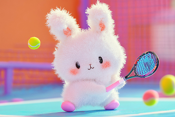 JPG 편집이미지 다이어트 새해 들기 사람없음 토끼 테니스라켓 테니스장 테니스공 디지털합성 토끼인형 편집실사 AI컴퓨터그래픽 AI콘텐츠 인형 공 포유류 스포츠시설 모션 건강 반려동물 테니스 라켓 테니스용품 CG 파일형식