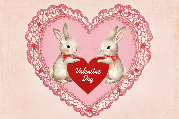 PSD 편집이미지 커플 리본 분홍색 발렌타인데이 사랑 들기 사람없음 하트 토끼 빈티지 디지털합성 키치 이미지편집 레이스천 모양 감정 컬러 컨셉 포유류 관계 모션 데이이벤트 반려동물 직물 파일형식