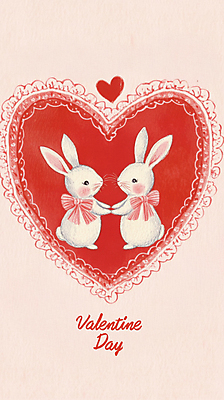 PSD 편집이미지 커플 리본 분홍색 발렌타인데이 사랑 사람없음 손잡기 하트 토끼 빈티지 디지털합성 키치 이미지편집 레이스천 모양 감정 컬러 컨셉 포유류 관계 모션 데이이벤트 반려동물 직물 파일형식