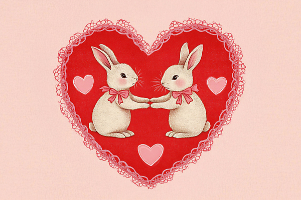 PSD 편집이미지 커플 리본 분홍색 발렌타인데이 사랑 사람없음 손잡기 하트 토끼 빈티지 디지털합성 키치 이미지편집 레이스천 모양 감정 컬러 컨셉 포유류 관계 모션 데이이벤트 반려동물 직물 파일형식