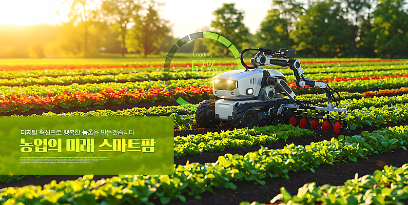 PSD 편집이미지 밭 채소 미래 관리 사람없음 햇빛 농장 노을 디지털 기계 작업 농기구 스마트 로봇 편리함 컨트롤 스마트팜 AI_인공지능 이미지편집 자연요소 컨셉 농업 태양 파일형식