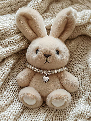 JPG 편집이미지 사람없음 뜨개질 진주목걸이 토끼인형 DIY 베이지색 키링 홈메이드 편집실사 AI포토 AI콘텐츠 인형 컬러 목걸이 취미 토끼 CG 만들기 진주_보석 파일형식