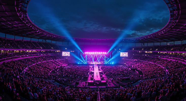 JPG 편집이미지 하늘 조명 사람 여러명 빛 보라색 콘서트 무대 광선 화려 군중 콘서트홀 네온 편집실사 AI포토 AI콘텐츠 컬러 다수 컨셉 공연 공연장 CG 파일형식