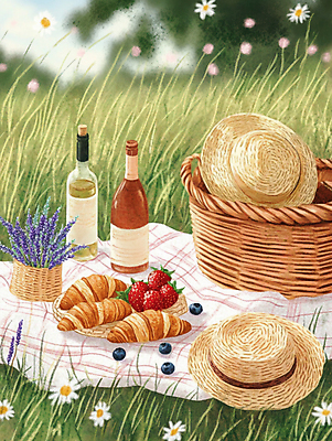 JPG 일러스트 자연 딸기 주류 사람없음 소풍 바구니 봄풍경 크루아상 돗자리 밀짚모자 블루베리 라벤더 국내일러스트 AI일러스트 AI콘텐츠 모자_잡화 꽃 음료 빵 과일 풍경 야외활동 봄 허브 생태계 파일형식