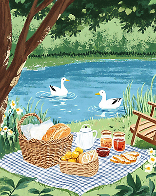 JPG 나무 꽃 호수 빵 의자 일러스트 자연 주전자 오리 사람없음 소풍 바구니 봄풍경 잼 레몬 돗자리 국내일러스트 AI일러스트 AI콘텐츠 식물 음식 가구 과일 조류 주방용품 풍경 야외활동 봄 소스_음식 생태계 파일형식