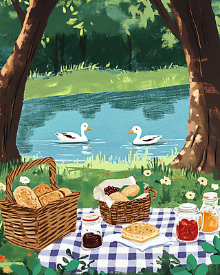 JPG 나무 꽃 호수 빵 일러스트 자연 포도 오리 사람없음 소풍 바구니 봄풍경 병 잼 돗자리 국내일러스트 AI일러스트 AI콘텐츠 식물 식기 음식 과일 조류 풍경 야외활동 봄 소스_음식 생태계 파일형식