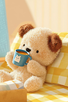 JPG 편집이미지 휴식 들기 사람없음 햇빛 노란색 곰인형 머그컵 체크무늬 오후 편집실사 AI컴퓨터그래픽 AI콘텐츠 인형 컬러 컨셉 무늬 모션 컵 태양 CG 파일형식