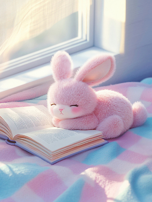 JPG 편집이미지 분홍색 휴식 미소 사람없음 독서 햇빛 체크무늬 창틀 토끼인형 오후 편집실사 AI컴퓨터그래픽 AI콘텐츠 인형 컬러 컨셉 무늬 창문 표정 태양 토끼 CG 파일형식