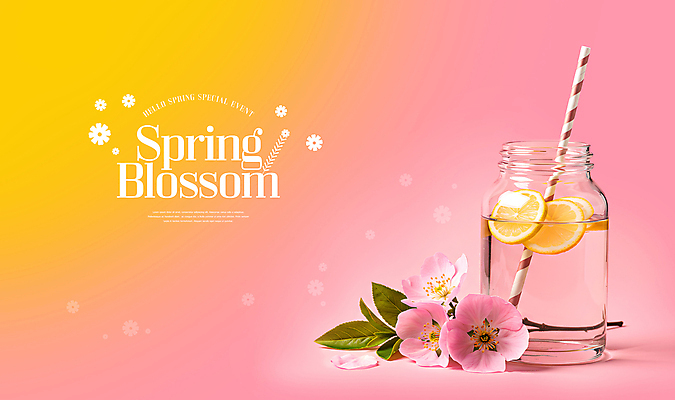 PSD 편집이미지 분홍색 유리병 빨대 이벤트 사람없음 물 세일 봄 벚꽃 레몬 오브젝트 슬라이스 신상품 이미지편집 자연요소 계절 꽃 컬러 과일 병_용기 상품 파일형식