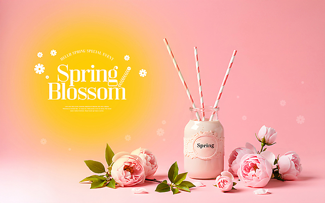 PSD 편집이미지 분홍색 유리병 빨대 이벤트 사람없음 세일 봄 벚꽃 오브젝트 신상품 이미지편집 계절 꽃 컬러 병_용기 상품 파일형식