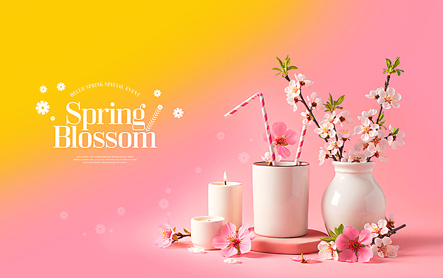 PSD 편집이미지 분홍색 초 빨대 이벤트 사람없음 세일 꽃병 봄 벚꽃 오브젝트 신상품 이미지편집 계절 꽃 컬러 상품 파일형식