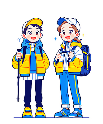 전신 커플 여자 남자 어린이 겨울 일러스트 웃음 소녀 소년 두명 파란색 반짝임 잡기 익스트림스포츠 등산복 주머니손 등산가방 등산스틱 캡모자 어린이만 일러캐릭터 AI파일 캐릭터 모자_잡화 옷 계절 스포츠 컬러 가방 관계 모션 표정 사람 등산 등산용품 파일형식 벡터