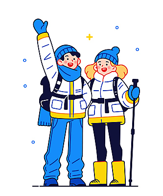 전신 커플 여자 남자 겨울 일러스트 털모자 웃음 성인 두명 파란색 반짝임 손들기 목도리 눈 잡기 익스트림스포츠 등산복 주머니손 등산가방 등산스틱 성인만 일러캐릭터 AI파일 자연요소 캐릭터 모자_잡화 잡화 옷 계절 스포츠 컬러 가방 관계 모션 날씨 표정 사람 등산 등산용품 파일형식 벡터