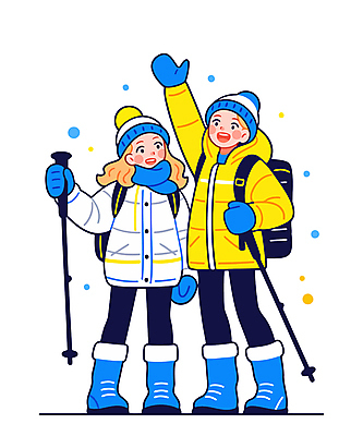 전신 커플 여자 남자 겨울 일러스트 털모자 웃음 들기 성인 두명 파란색 손들기 눈 잡기 익스트림스포츠 등산복 등산가방 등산스틱 성인만 일러캐릭터 AI파일 자연요소 캐릭터 모자_잡화 옷 계절 스포츠 컬러 가방 관계 모션 날씨 표정 사람 등산 등산용품 파일형식 벡터