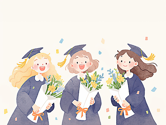 JPG 학생 여자 리본 꽃다발 일러스트 학사모 수채화 졸업식 웃음 들기 상반신 성인 세명 졸업가운 꽃가루 감성 성인여자만 국내일러스트 AI일러스트 AI콘텐츠 모자_잡화 꽃 컨셉 졸업 모션 표정 사람 가운 가루 여자만 성인만 파일형식