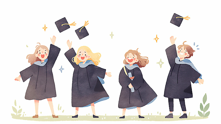 JPG 전신 학생 여자 남자 일러스트 학사모 청소년 수채화 졸업식 웃음 들기 잔디 여러명 반짝임 졸업가운 던지기 졸업장 감성 십대만 국내일러스트 AI일러스트 AI콘텐츠 식물 모자_잡화 다수 컨셉 졸업 모션 표정 사람 가운 파일형식
