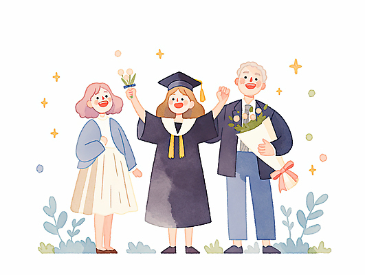 JPG 전신 학생 여자 남자 리본 꽃다발 일러스트 학사모 가족 수채화 졸업식 웃음 들기 성인 세명 반짝임 만세 졸업가운 풀잎 감성 성인만 국내일러스트 AI일러스트 AI콘텐츠 모자_잡화 꽃 컨셉 잎 졸업 관계 모션 표정 사람 가운 풀_식물 파일형식