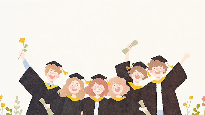 JPG 학생 여자 남자 꽃 리본 일러스트 학사모 수채화 졸업식 웃음 들기 여러명 상반신 성인 친구 손들기 졸업가운 졸업장 감성 성인만 국내일러스트 AI일러스트 AI콘텐츠 식물 모자_잡화 다수 컨셉 졸업 관계 모션 표정 사람 가운 파일형식