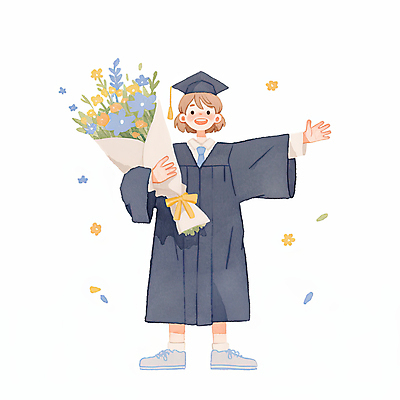 JPG 전신 학생 여자 꽃잎 리본 꽃다발 일러스트 학사모 수채화 졸업식 한명 웃음 들기 성인 졸업가운 감성 성인여자한명만 국내일러스트 AI일러스트 AI콘텐츠 모자_잡화 1 꽃 컨셉 졸업 모션 표정 사람 가운 여자한명만 성인여자만 파일형식