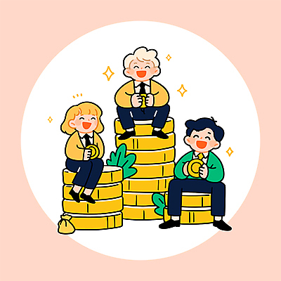 전신 여자 남자 일러스트 미소 웃음 들기 앉기 정장 성인 세명 반짝임 저축 원형 풀잎 재산 즐거움 동전탑 소득 성인만 연말정산 국내일러스트 AI파일 도형 옷 감정 잎 모션 표정 사람 금융 경제 쌓기 동전 풀_식물 파일형식 벡터