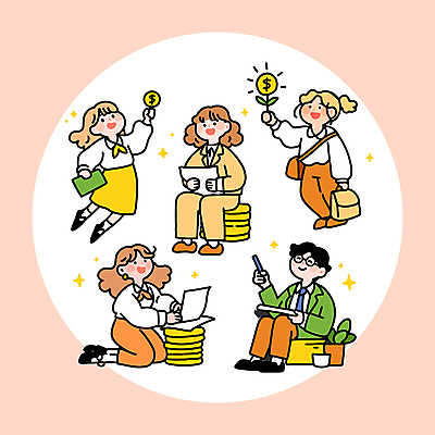 전신 여자 남자 일러스트 미소 웃음 들기 앉기 정장 여러명 성인 반짝임 저축 기록 원형 재산 즐거움 문서 동전탑 소득 성인만 안경낌 연말정산 국내일러스트 AI파일 도형 옷 감정 안경 다수 모션 표정 사람 금융 경제 쌓기 동전 파일형식 벡터