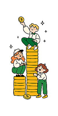 전신 여자 남자 일러스트 미소 웃음 들기 앉기 성인 세명 반짝임 저축 잡기 재산 즐거움 동전탑 소득 성인만 연말정산 국내일러스트 AI파일 감정 모션 표정 사람 금융 경제 쌓기 동전 파일형식 벡터