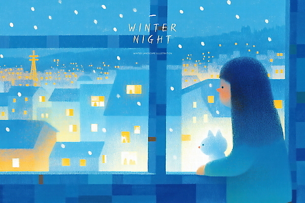 PSD 응시 여자 겨울 일러스트 밤하늘 휴식 주택 실내 한명 성인 파란색 빛 도시풍경 고양이 창가 감성 파스텔 눈내림 성인여자한명만 국내일러스트 1 시선 계절 컬러 컨셉 창문 포유류 하늘 학용품 눈_날씨 사람 풍경 내부 건물 반려동물 도시 야간 여자한명만 성인여자만 파일형식