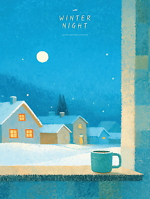PSD 겨울 일러스트 밤하늘 주택 실내 사람없음 파란색 마을 머그컵 보름달 도시 창가 감성 파스텔 눈내림 국내일러스트 계절 컬러 컨셉 창문 하늘 학용품 눈_날씨 내부 건물 컵 달 야간 파일형식