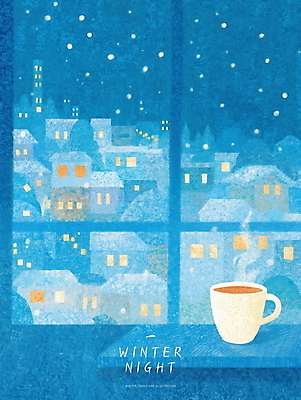 PSD 겨울 일러스트 밤하늘 주택 실내 사람없음 파란색 도시 차 찻잔 창가 감성 파스텔 따뜻한음료 눈내림 국내일러스트 계절 음료 컬러 컨셉 창문 하늘 학용품 잔 눈_날씨 내부 건물 야간 파일형식