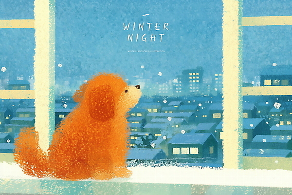 PSD 겨울 일러스트 밤하늘 주택 실내 사람없음 파란색 도시풍경 눈 강아지 창가 감성 파스텔 눈내림 국내일러스트 자연요소 계절 컬러 컨셉 창문 하늘 날씨 학용품 눈_날씨 풍경 내부 건물 반려동물 도시 개 야간 파일형식