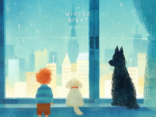 PSD 응시 남자 어린이 두마리 겨울 일러스트 밤하늘 실내 한명 소년 파란색 도시풍경 커튼 강아지 창가 감성 파스텔 눈내림 소년한명만 국내일러스트 1 시선 계절 컬러 컨셉 2 창문 하늘 학용품 눈_날씨 사람 풍경 내부 반려동물 도시 개 야간 남자한명만 소년만 파일형식