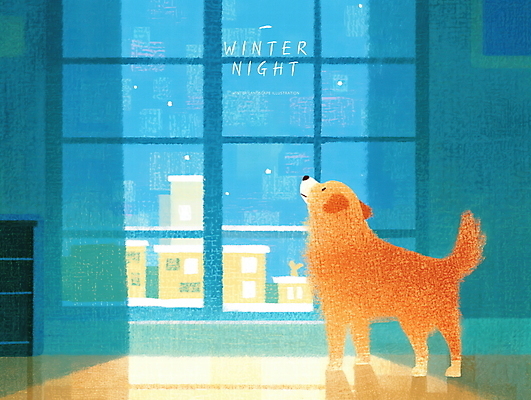PSD 응시 겨울 일러스트 밤하늘 실내 그림자 사람없음 파란색 도시풍경 커튼 강아지 창가 감성 파스텔 눈내림 국내일러스트 시선 계절 컬러 컨셉 창문 하늘 학용품 눈_날씨 풍경 내부 반려동물 도시 개 야간 파일형식