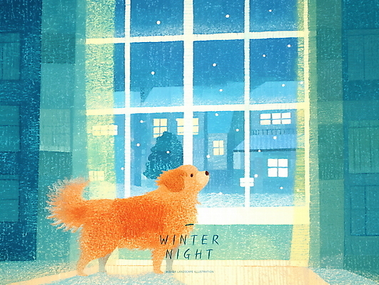 PSD 응시 겨울 일러스트 밤하늘 주택 실내 사람없음 파란색 귀여움 마을 커튼 강아지 창가 감성 파스텔 눈내림 국내일러스트 시선 계절 컬러 컨셉 창문 하늘 학용품 눈_날씨 내부 건물 반려동물 개 야간 파일형식
