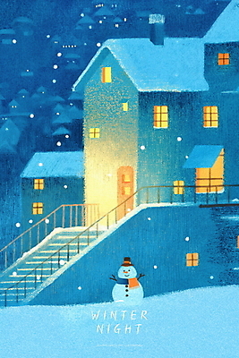 PSD 겨울 일러스트 난간 눈사람 밤하늘 주택 사람없음 파란색 빛 계단 마을 창가 감성 파스텔 눈내림 국내일러스트 계절 컬러 컨셉 창문 하늘 학용품 눈_날씨 건물 야간 파일형식