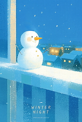 PSD 겨울 일러스트 난간 눈사람 밤하늘 주택 사람없음 파란색 빛 도시풍경 귀여움 창가 감성 파스텔 눈내림 국내일러스트 계절 컬러 컨셉 창문 하늘 학용품 눈_날씨 풍경 건물 도시 야간 파일형식
