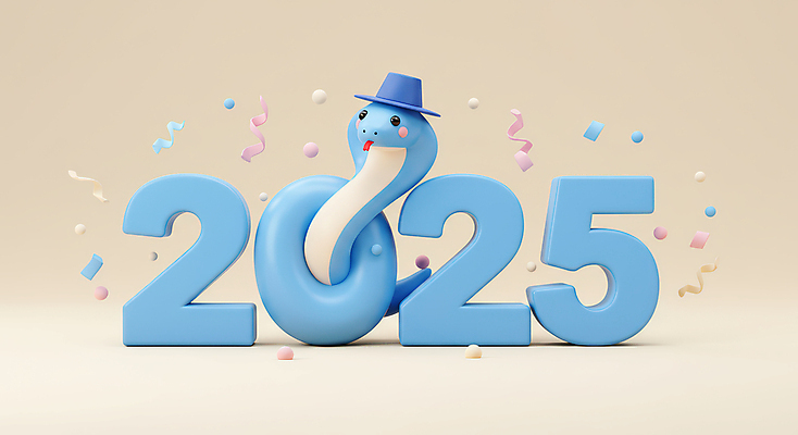 JPG 편집이미지 하늘색 새해 3D캐릭터 타이포그라피 사람없음 숫자 귀여움 입체 꽃가루 2025년 을사년 편집3D 푸른뱀 푸른뱀캐릭터 AI컴퓨터그래픽 AI콘텐츠 갓모자 문자 캐릭터 모자_잡화 컨셉 전통소품 파란색 3D 뱀 가루 연도 뱀캐릭터 파일형식