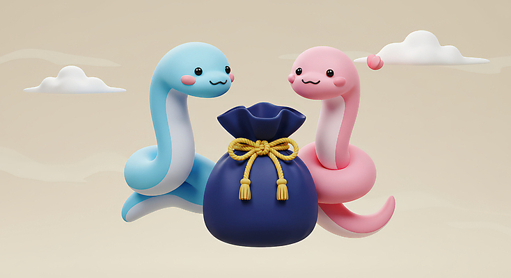 JPG 구름 편집이미지 리본 두마리 새해 복주머니 3D캐릭터 미소 사람없음 귀여움 입체 뱀캐릭터 을사년 편집3D 푸른뱀 푸른뱀캐릭터 AI컴퓨터그래픽 AI콘텐츠 자연요소 캐릭터 동물캐릭터 컨셉 2 전통소품 표정 3D 뱀 파일형식 2025년